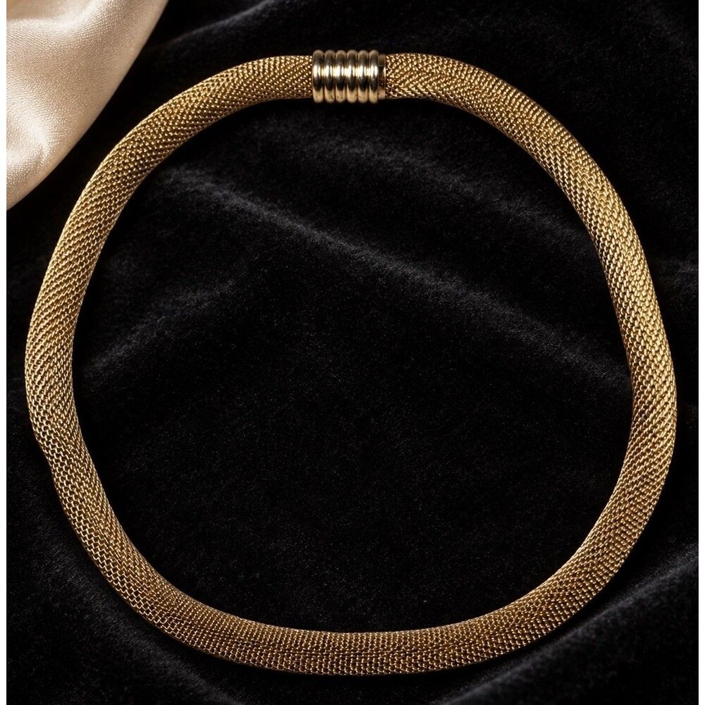 Vintage Gold Tone Mesh Tube Collar Necklace Statement Choker Barrel Clasp 1980s